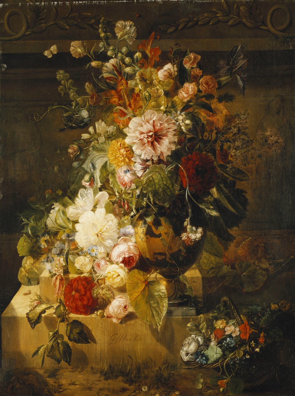 Rose, convolvoli, garofani, malvarose, peonie, lillà e altri fiori in un vaso da Georgius Jacobus Johannes van Os