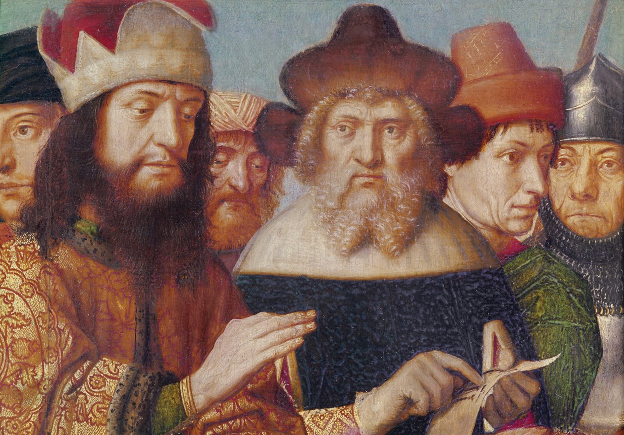 Trittico della Crocifissione, pannello sinistro: giudici ebrei, soldati romani (dettaglio) teste, c.1480 da Gerard David
