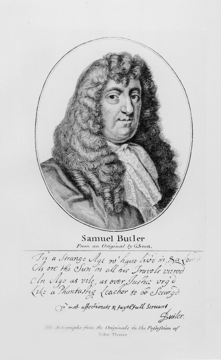 Ritratto di Samuel Butler (1612-80) con un campione della sua scrittura da Gerard Soest