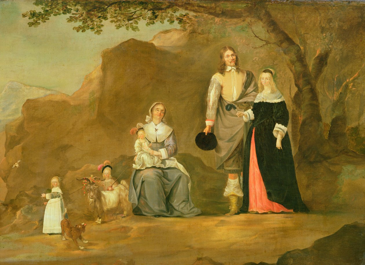 Gruppo familiare con cane e capra in un paesaggio montuoso da Gerard ter Borch