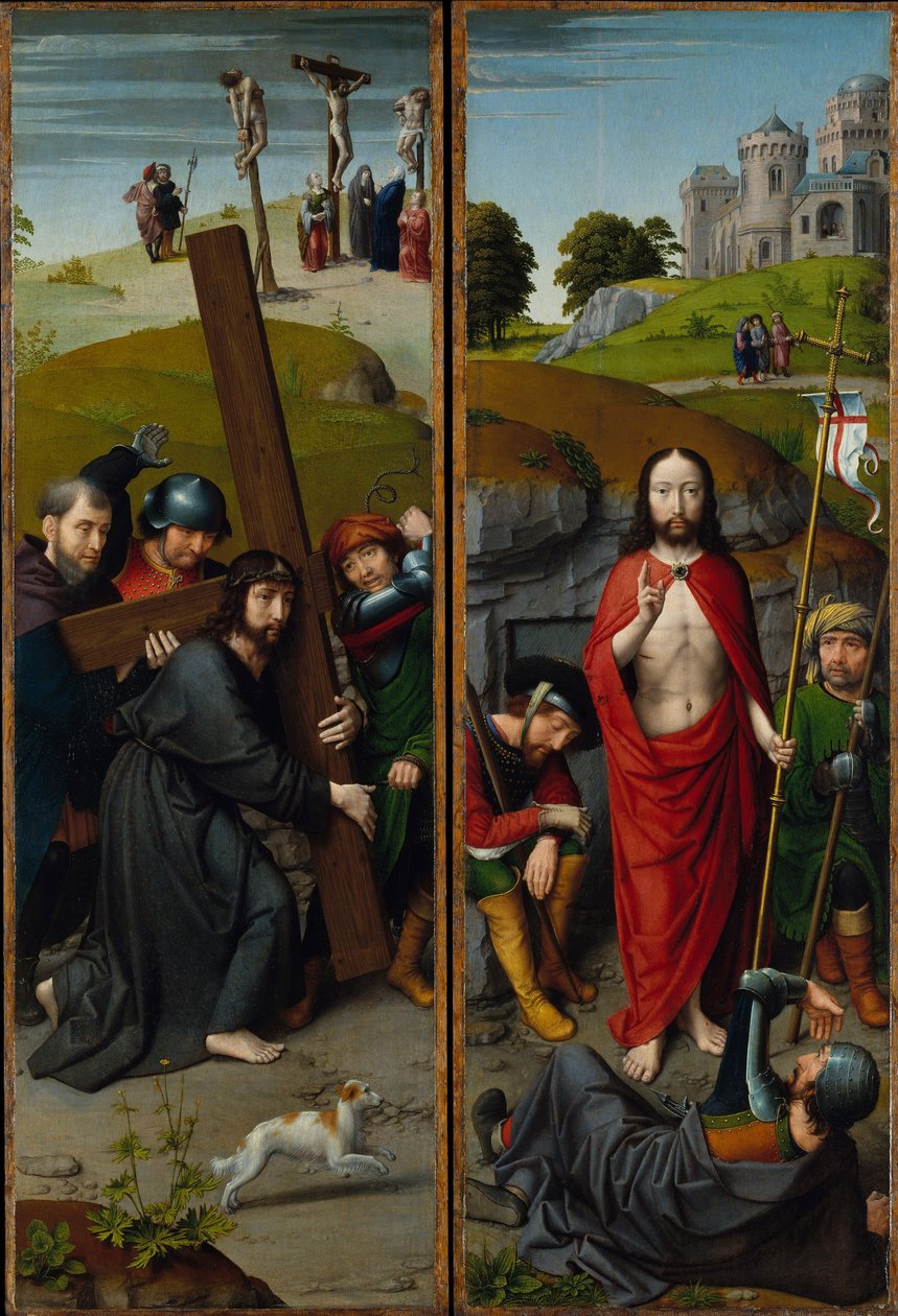 Cristo che Porta la Croce, con la Crocifissione; La Resurrezione, con i Pellegrini di Emmaus, c.1510 da Gerard David