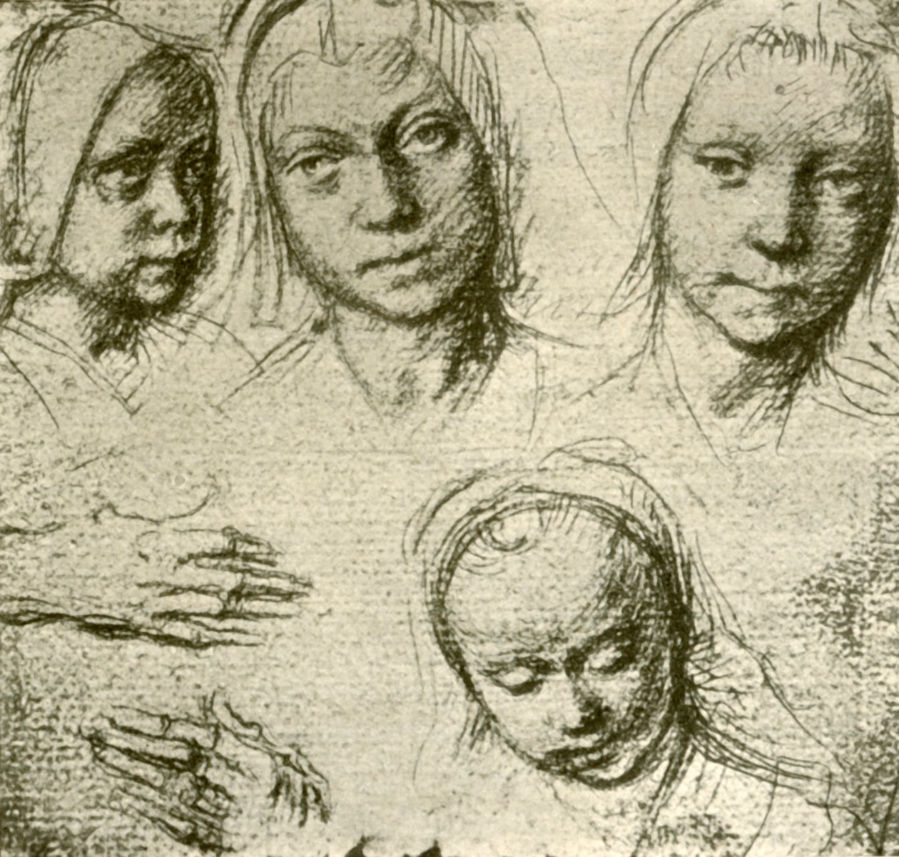 Quattro teste di una giovane ragazza e due mani, c1500-1505 da Gerard David