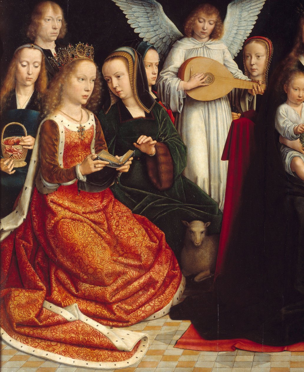 La Vergine tra i santi (dettaglio di Sante: Santa Dorotea, Santa Caterina, Santa Agnese, Santa Fausta) da Gerard David