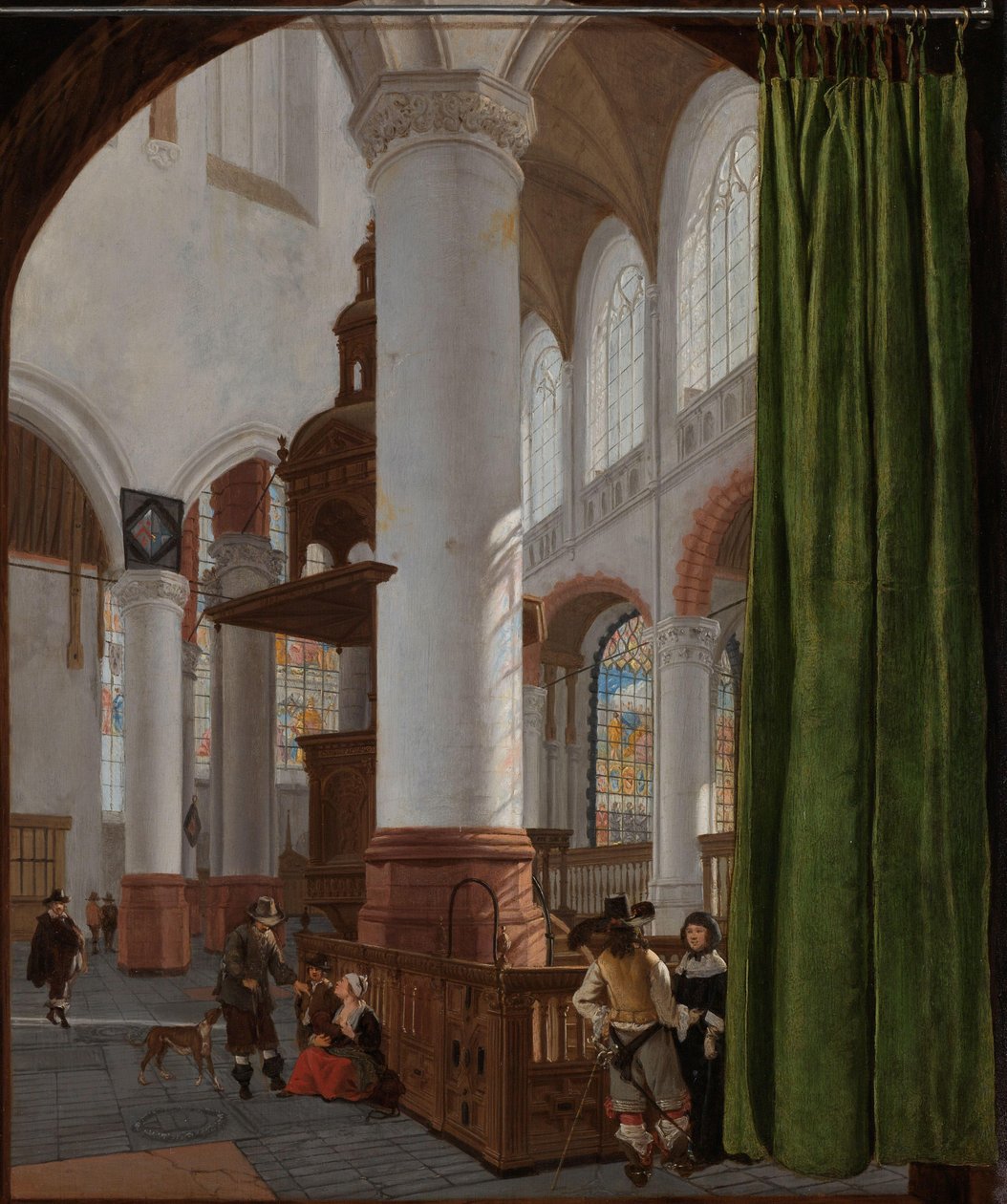 Interno della Oude Kerk a Delft, con una tenda trompe-l