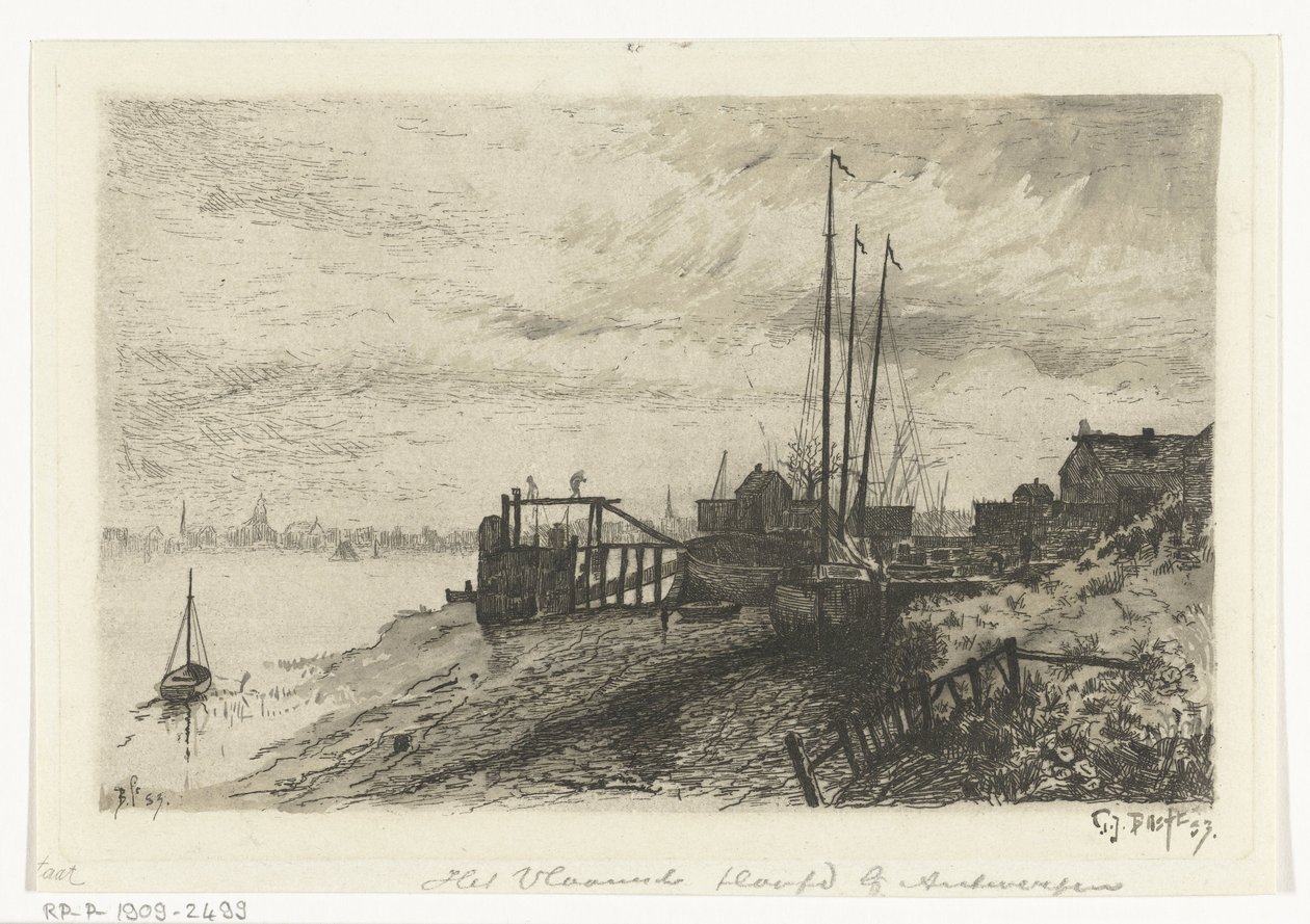 Veduta del fiume Het Vlaamsche Hoofd presso Anversa da Gerard Jan Bos (signed by artist)
