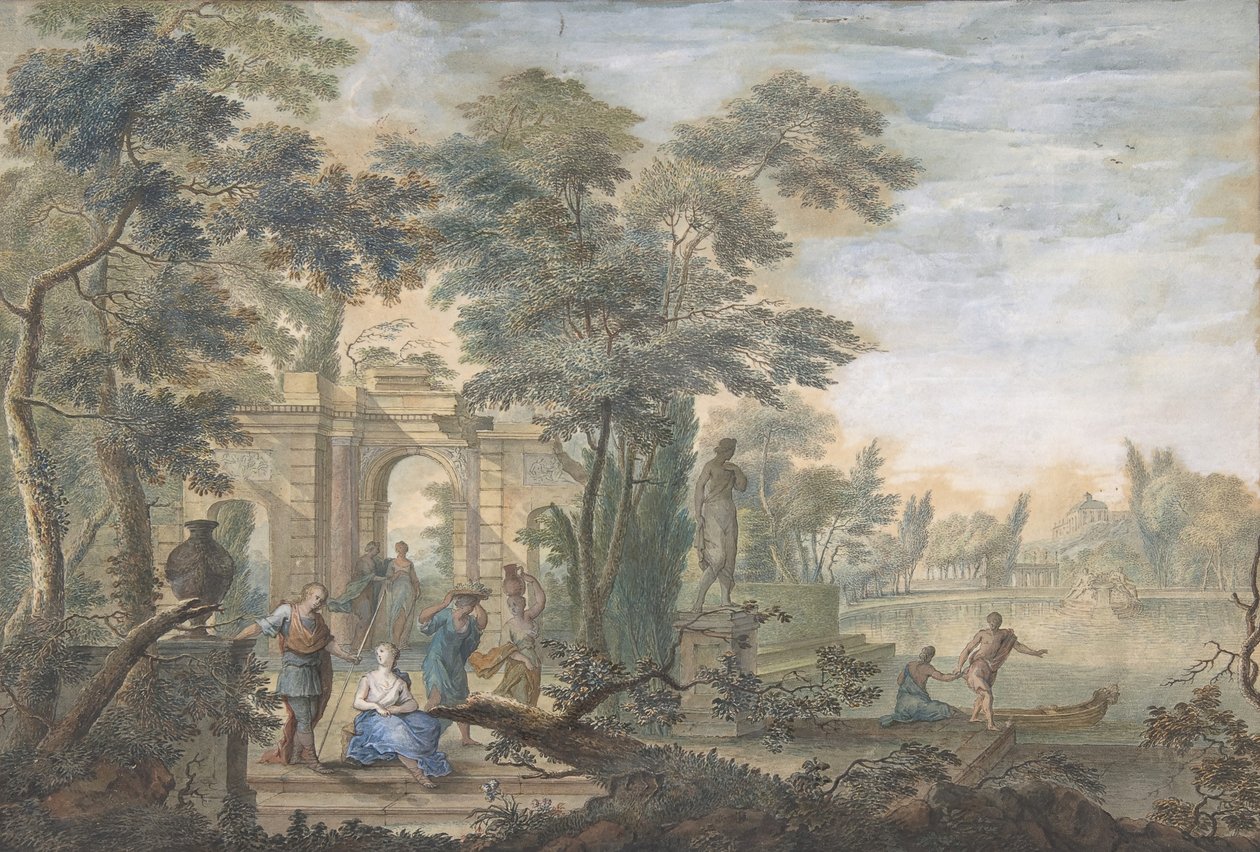 Paesaggio arcadico con diverse figure e una statua di Diana da Gerard Melder