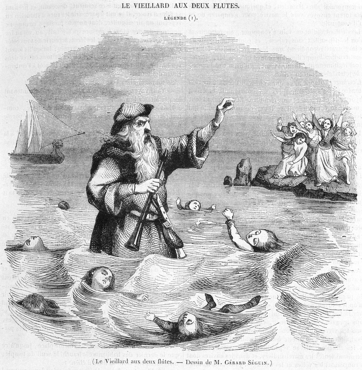 Il vecchio con due flauti. Disegno di Gérard Séguin da Gerard Seguin