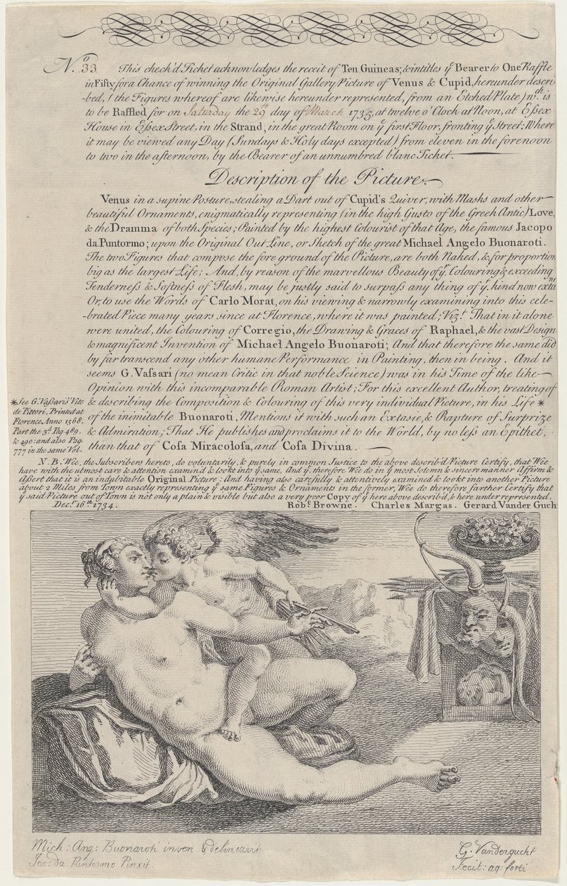 Biglietto della lotteria per il dipinto di Venere e Cupido dopo Michelangelo da Gerard Vandergucht