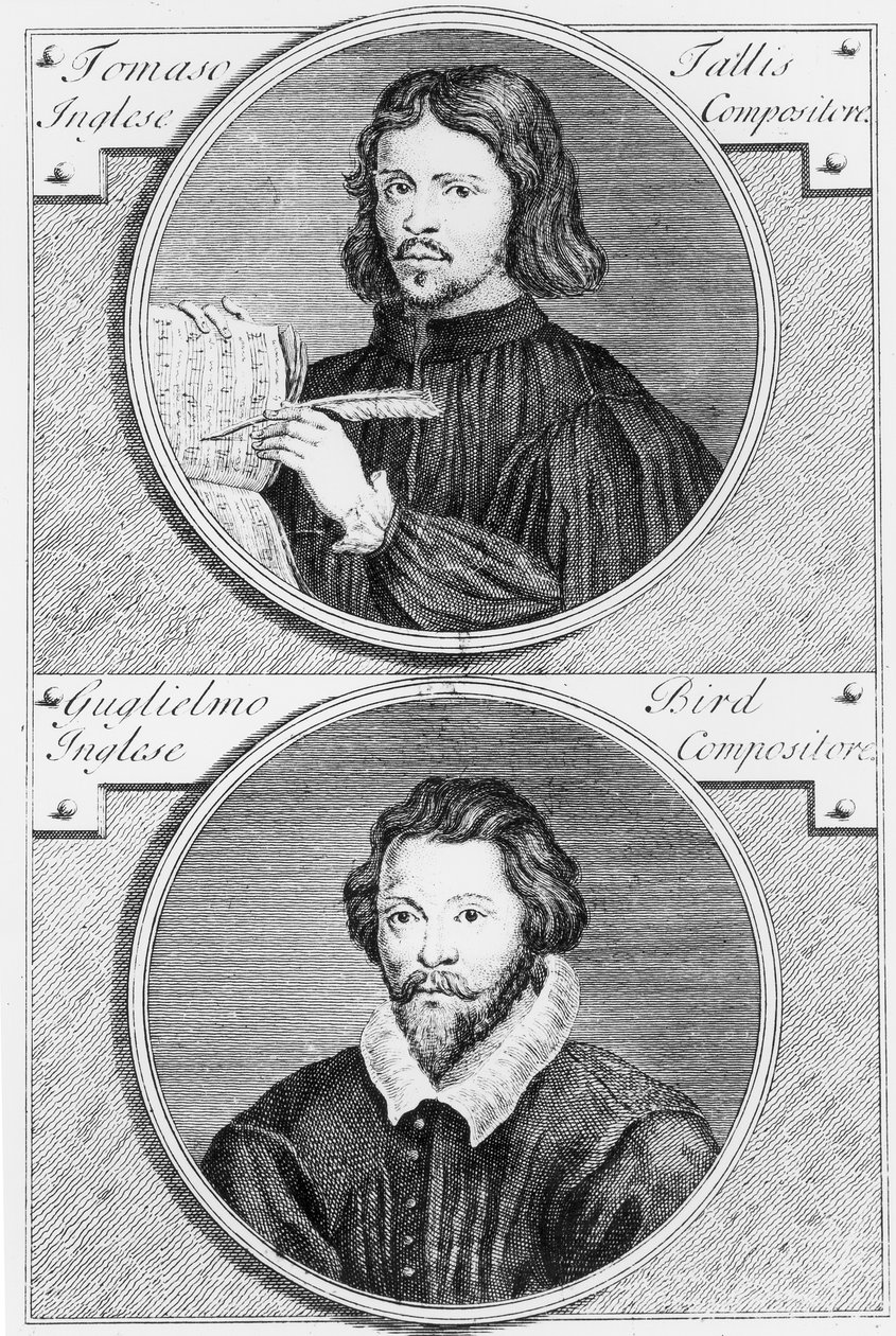 Thomas Tallis (c.1505-85) e William Byrd (1543-1623) inciso da Niccolo Francesco Haym da Gerard Vandergucht