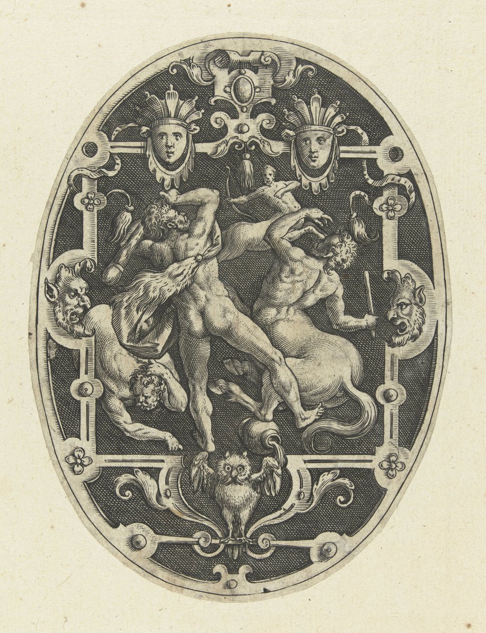 Ercole in lotta con i centauri (Decorazioni ovali con le imprese di Ercole in grottesche) da Gerard de Jode