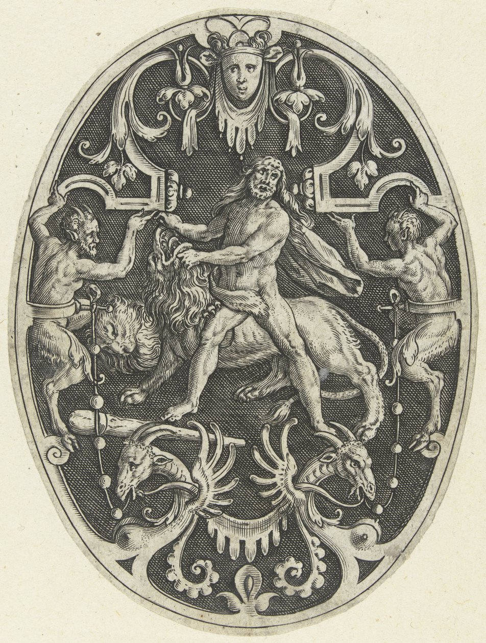 Decorazione piatta: Ercole e il leone di Nemea (serie Decorazioni ovali con le imprese di Ercole in grottesche) da Gerard de Jode