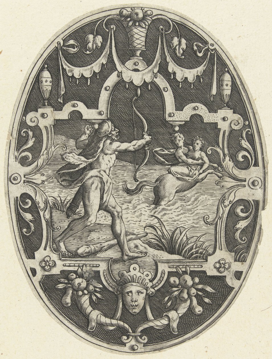Decorazione piatta: Ercole spara al centauro Nesso che cerca di rapire Deianira (Ovale vlakdecoraties met de daden van Hercules in grotesken) da Gerard de Jode