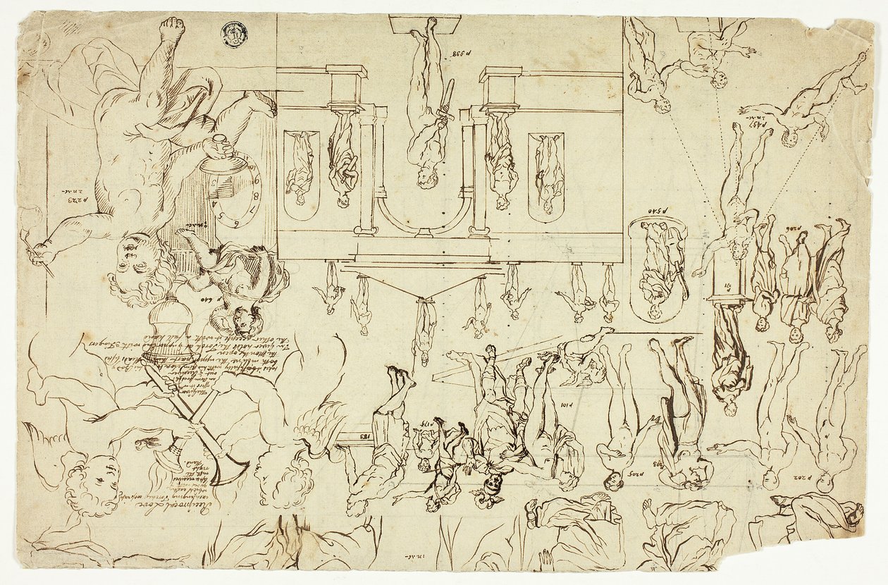 Copie da illustrazioni di statue e dipinti (recto); Misure dello scheletro di un uomo (verso) da Gerard de Lairesse