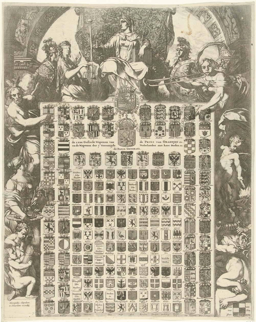 Stemma del principe Guglielmo III in una cornice allegorica (De LXIIII Geslacht Wapenen van de Prins van Oraenjen etc. e de Wapenen der 7 Vereenigde Nederlanden met hare Steden etc.) da Gerard de Lairesse