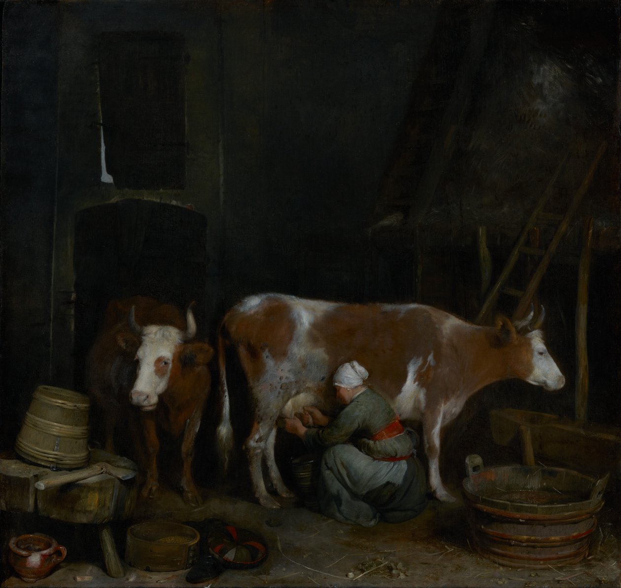 Una domestica munge una mucca in una stalla da Gerard ter Borch
