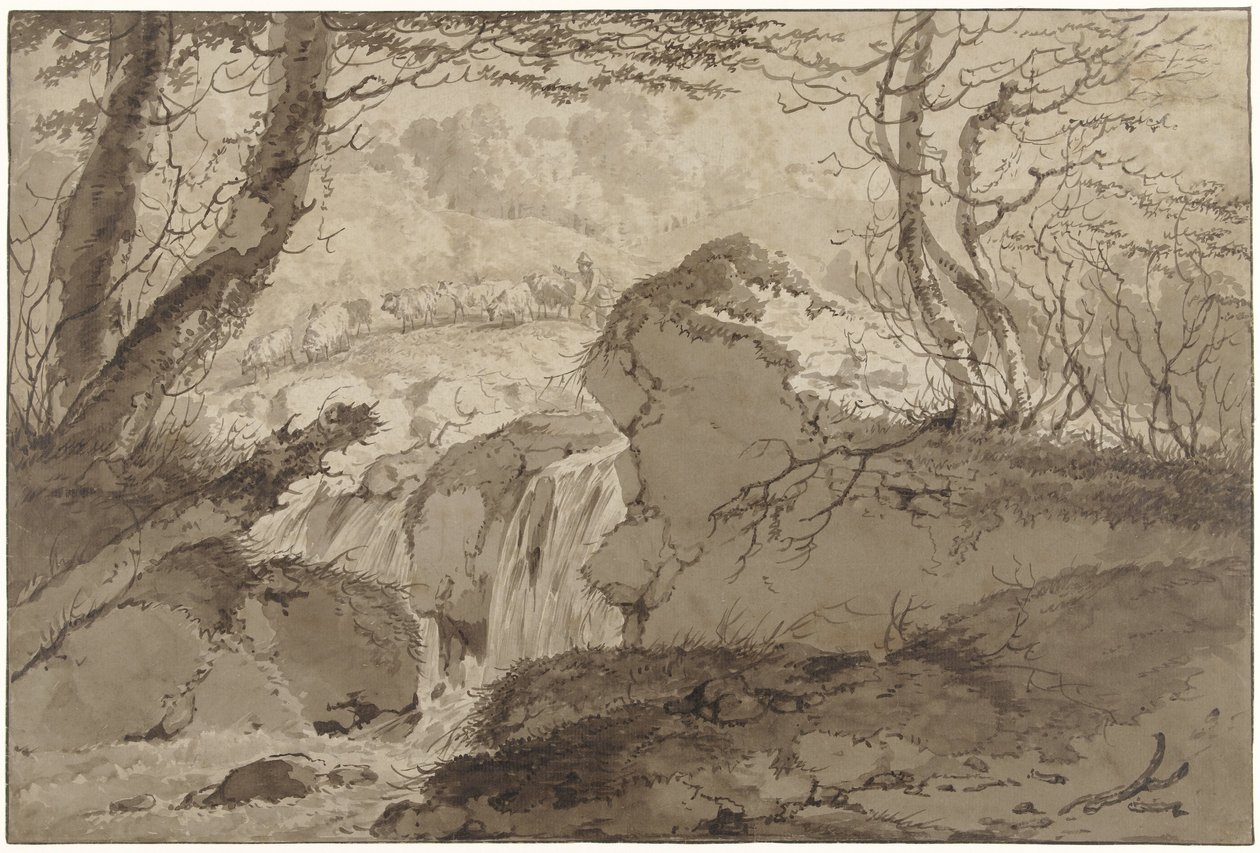 Paesaggio montano con cascata tra gli alberi, lungo il quale un pastore conduce il suo gregge da Gerard van Nijmegen