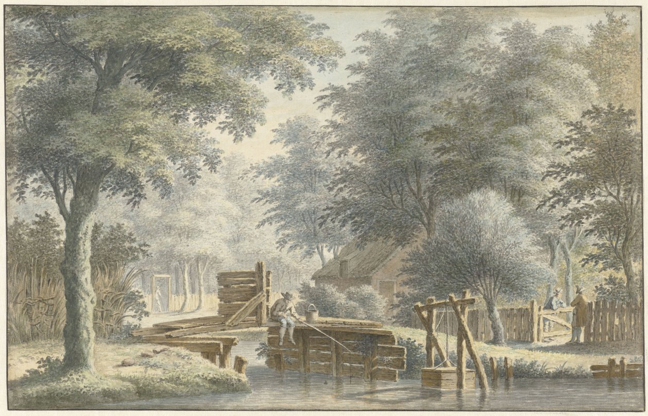 Paesaggio con un ponte su cui un pescatore da Gerard van Rossum