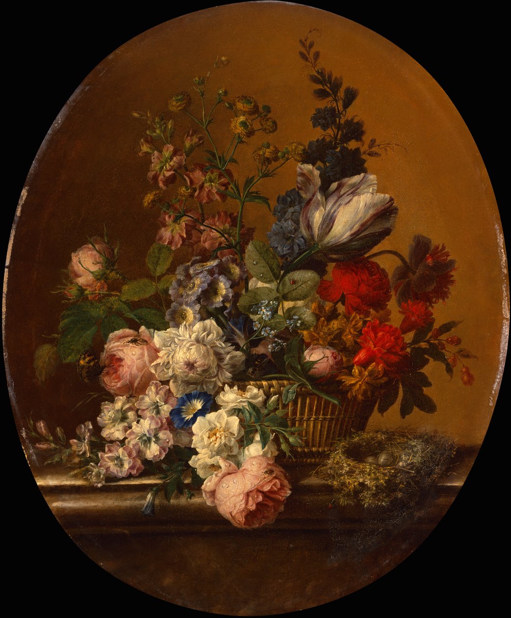 Natura morta di fiori in un cesto con un nido di passero su un cornicione di pietra da Gerard van Spaendonck