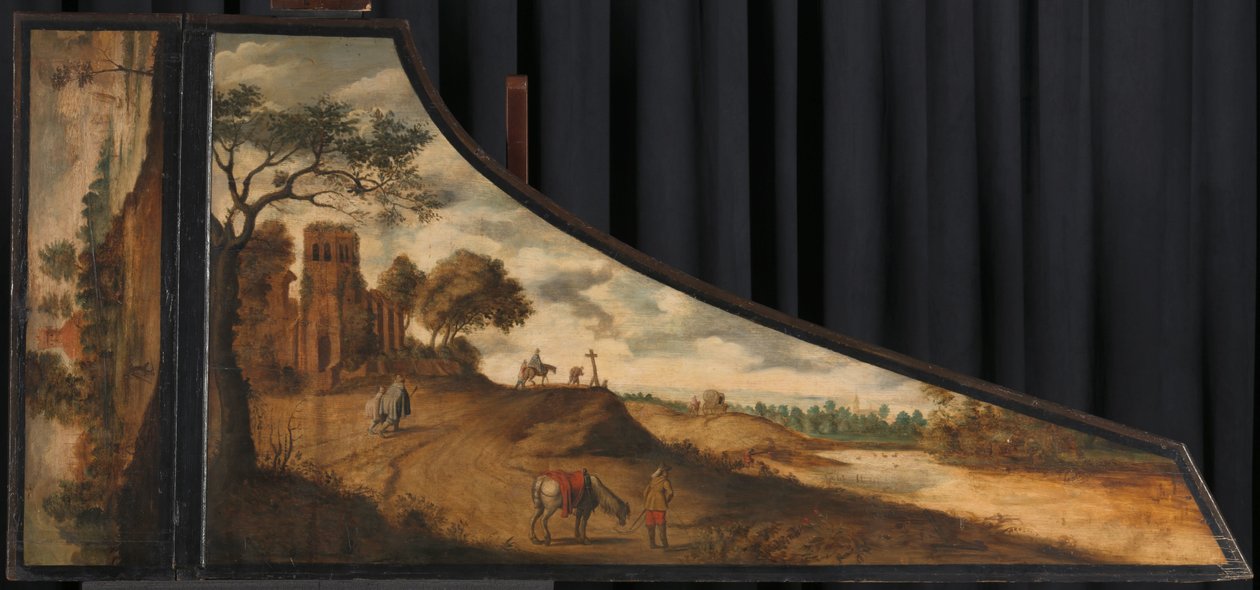 Coperchio di un clavicembalo con paesaggio collinare e viaggiatori da Gerard van der Horst (copy after)