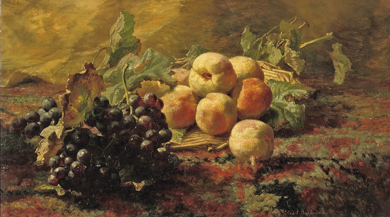 Uva e pesche blu in un cesto di vimini da Gerardina Jacoba van de Sande Bakhuyzen