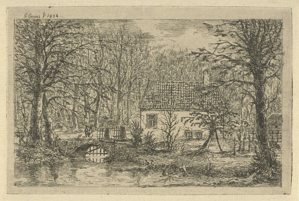 Casa con ponte sopra un fossato da Gerardus Emaus de Micault