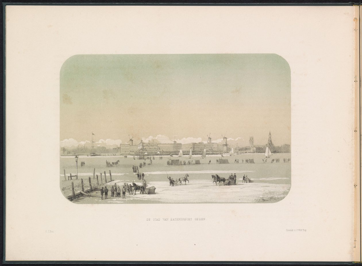 Divertimenti sul ghiaccio sul fiume Mosa a Rotterdam, visto da Katendrecht, 1855 da Gerardus Johannes Bos