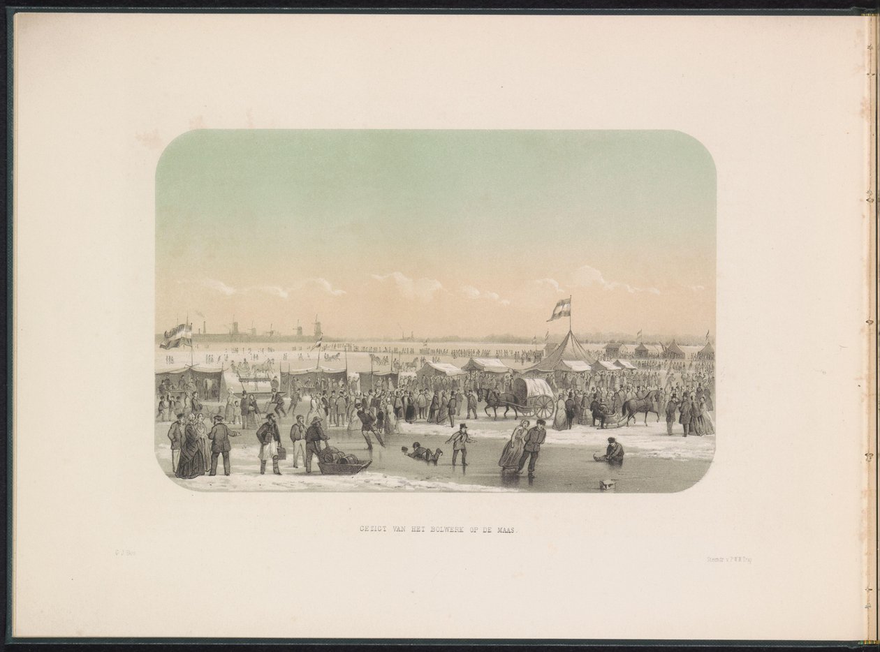 Divertimenti sul ghiaccio sulla Mosa a Rotterdam, visto dal bastione, 1855 da Gerardus Johannes Bos