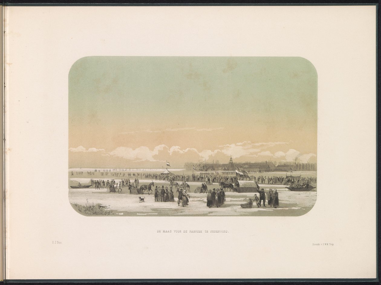 Divertimenti sul ghiaccio sulla Mosa a Rotterdam, in lontananza la fabbrica di Feijenoord, 1855 da Gerardus Johannes Bos