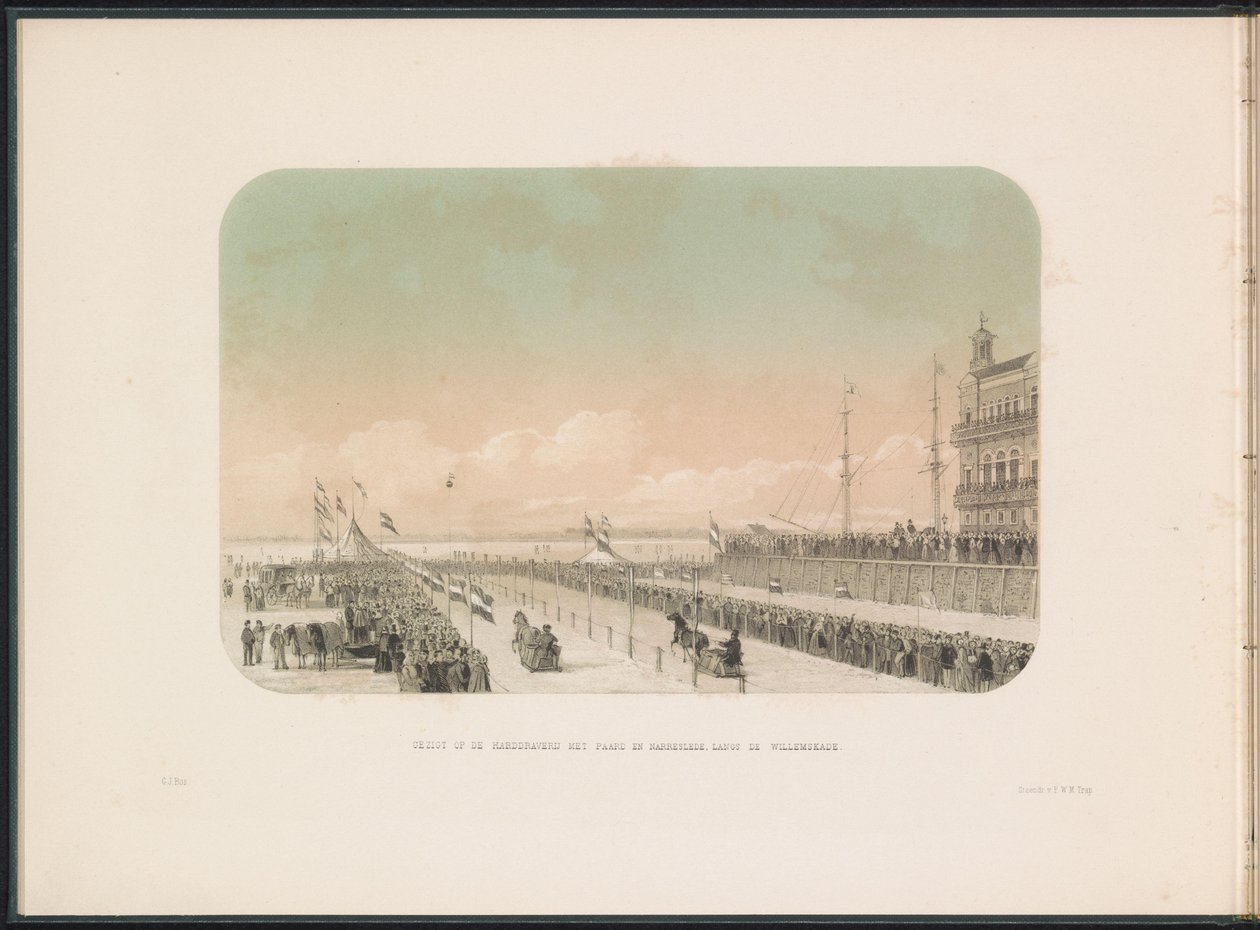 Gara di slitte sul fiume Mosa a Rotterdam, 1855 (serie: Il divertimento sul ghiaccio sul fiume Mosa a Rotterdam nel febbraio 1855, con didascalie) da Gerardus Johannes Bos
