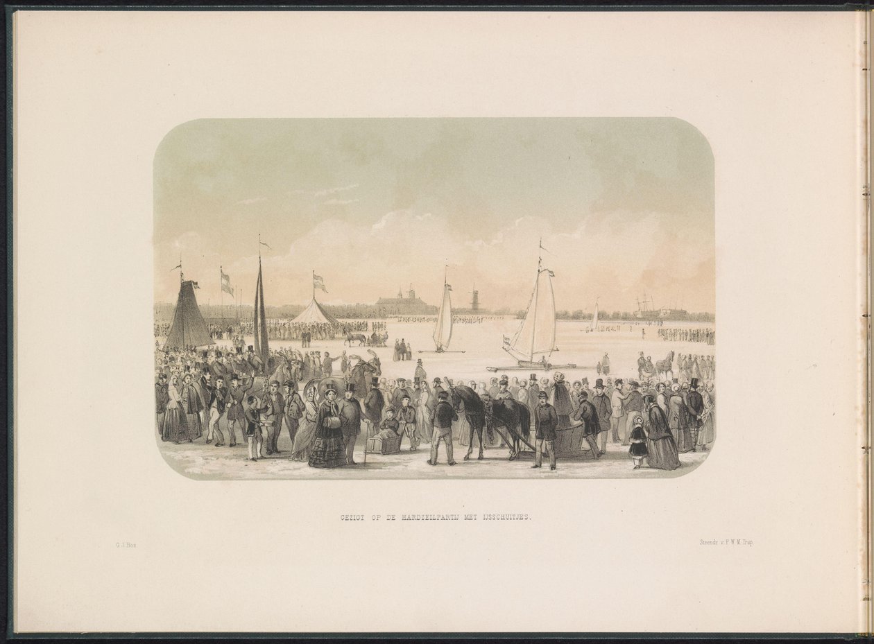 Gara di barche a vela sul ghiaccio sul fiume Mosa a Rotterdam, 1855 da Gerardus Johannes Bos