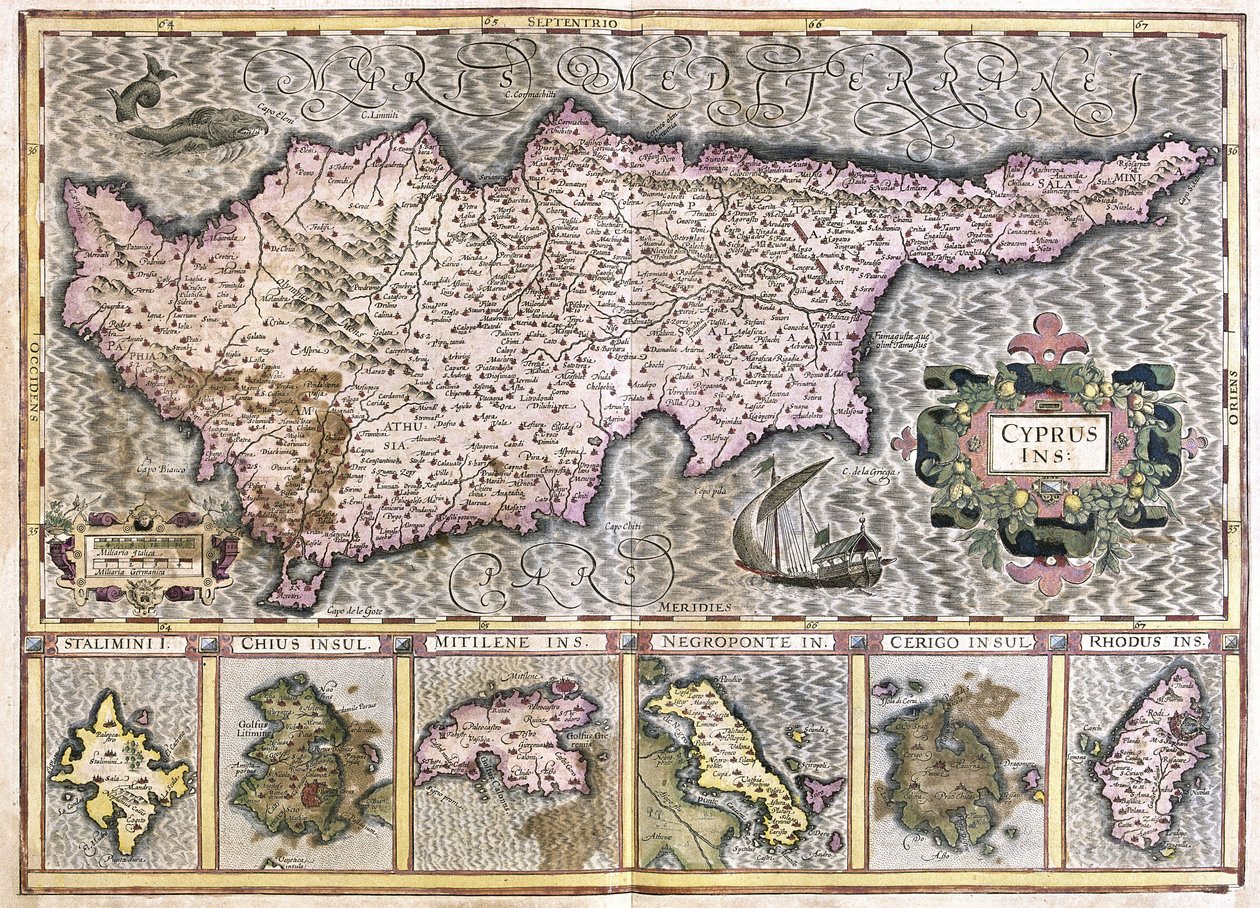 Cipro e le isole Stalimini (Lemno) Chio, Mitilene, Negroponte, Cerigo e Rodi (incisione) da Gerardus Mercator