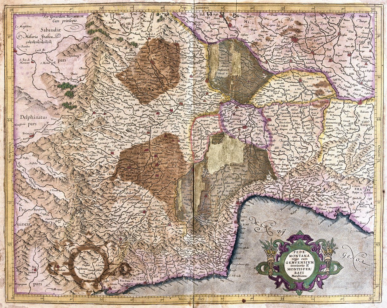 Piemonte, Genova e Montserrat (incisione) da Gerardus Mercator
