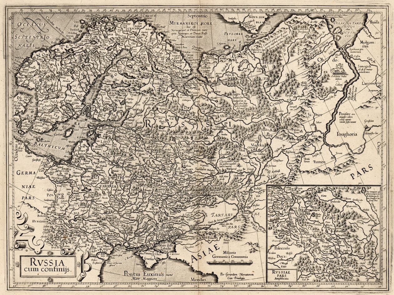 Russia cum Confinijs. Mappa della Russia da Gerardus Mercator