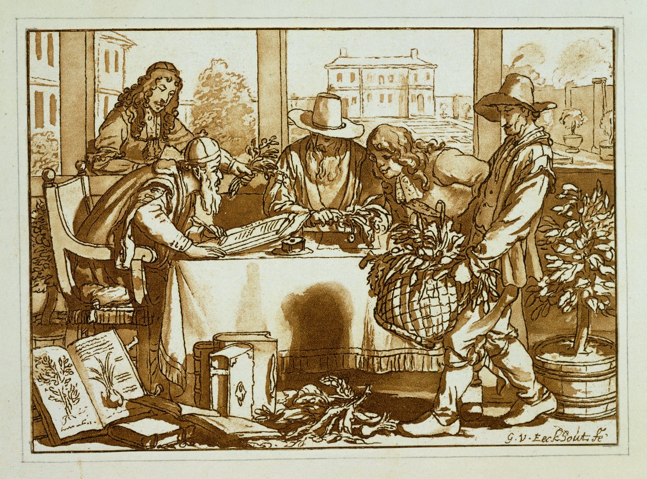 Botanici che esaminano piante da Gerbrand van den Eeckhout