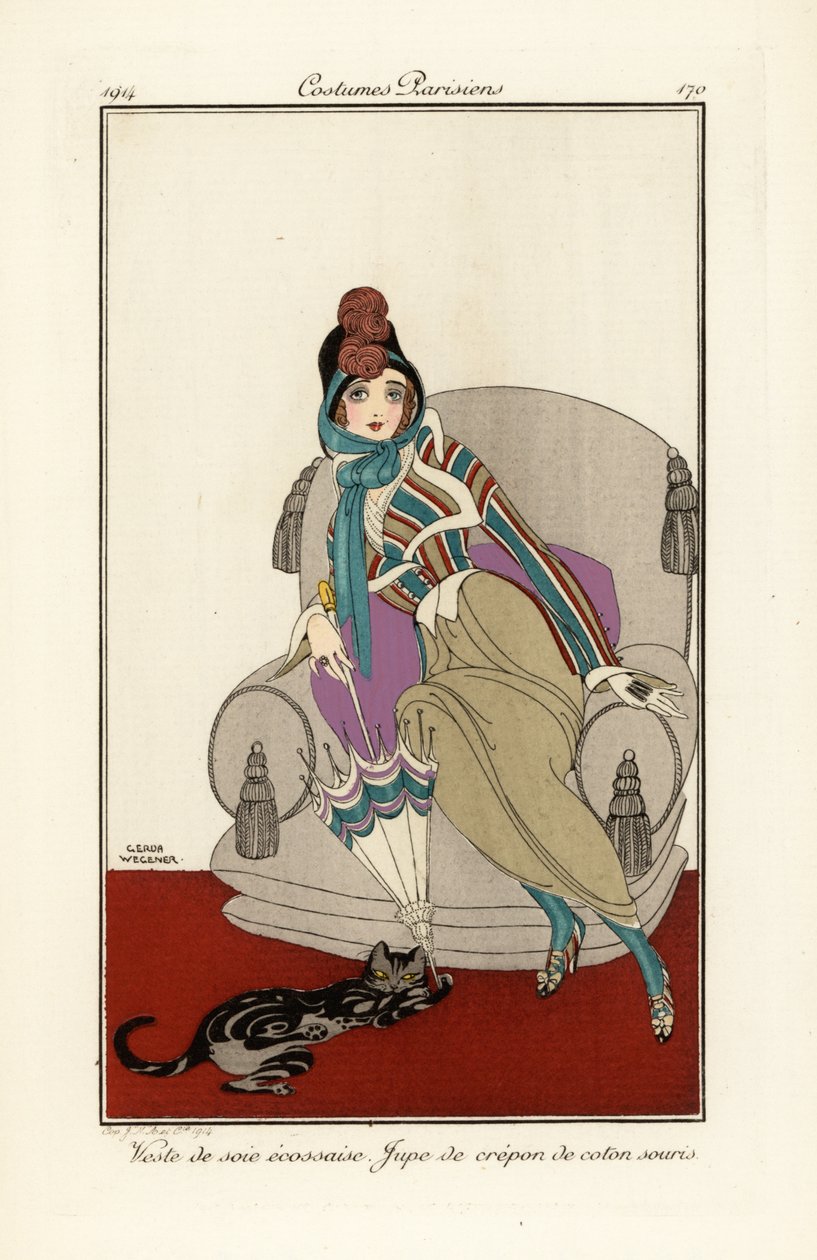 Donna con gilet di seta scozzese, gonna di cotone crepe da Gerda Marie Frederike Wegener