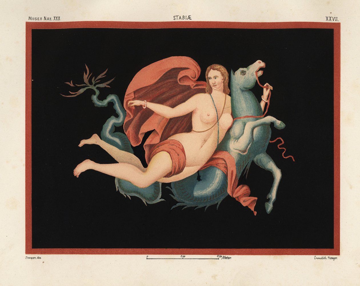 Una Nereide (ninfa del mare) con mantello e braccialetti che cavalca un mostro marino o ippocampo, metà cavallo e metà pesce. Museo Naz. XXII, Stabiae. Disegnato e cromolitografato da Victor Steeger da Emile Presuhn (1844-1878) Le più belle pitture di Pomp da Geremia Discanno
