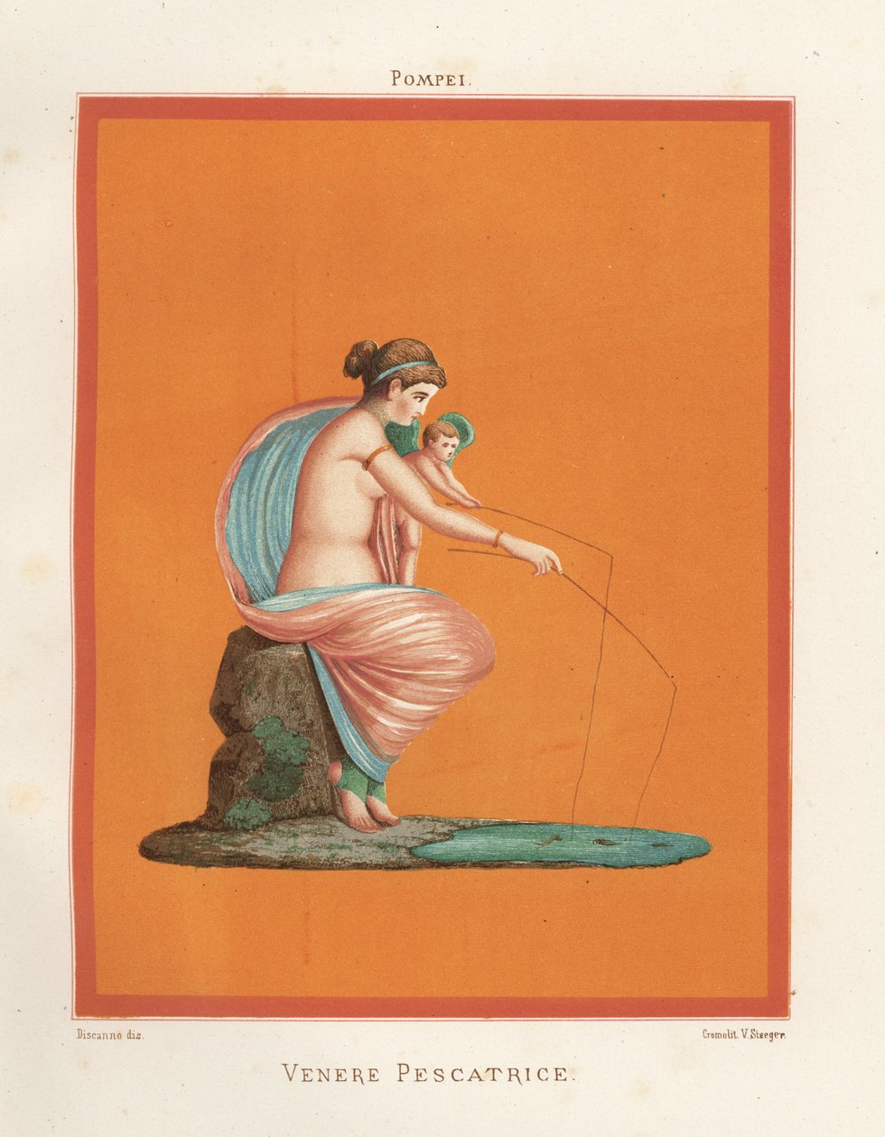 Affresco di Venere e Cupido che pescano con le canne da un laghetto. Trovato in Regio V.V.3, la Casa dei Gladiatori. Cromolitografia di Victor Steeger dopo un