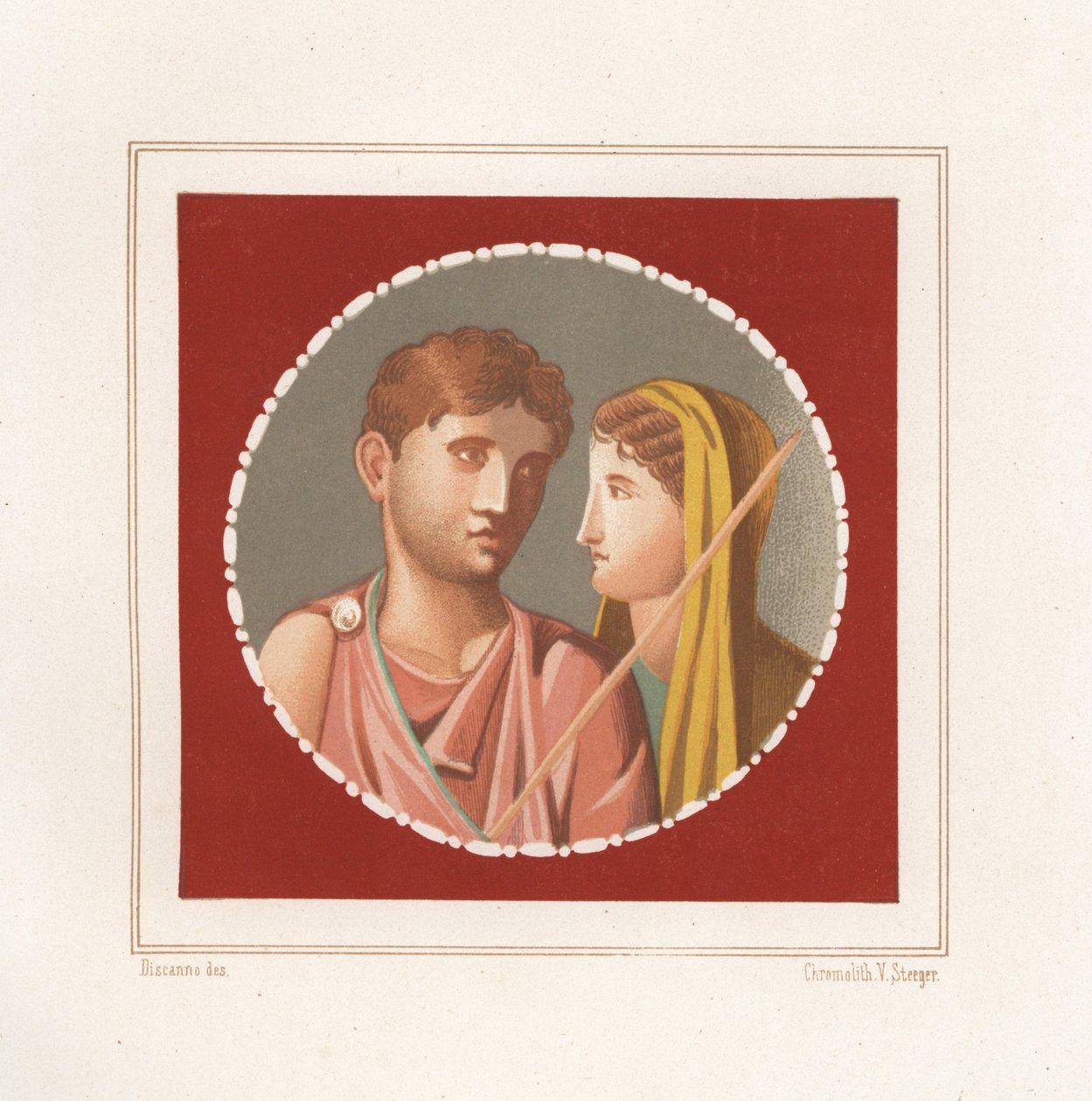 Ritratto di un uomo e una donna da una casa non identificata a Pompei. Cromolitografia di Victor Steeger dopo un
