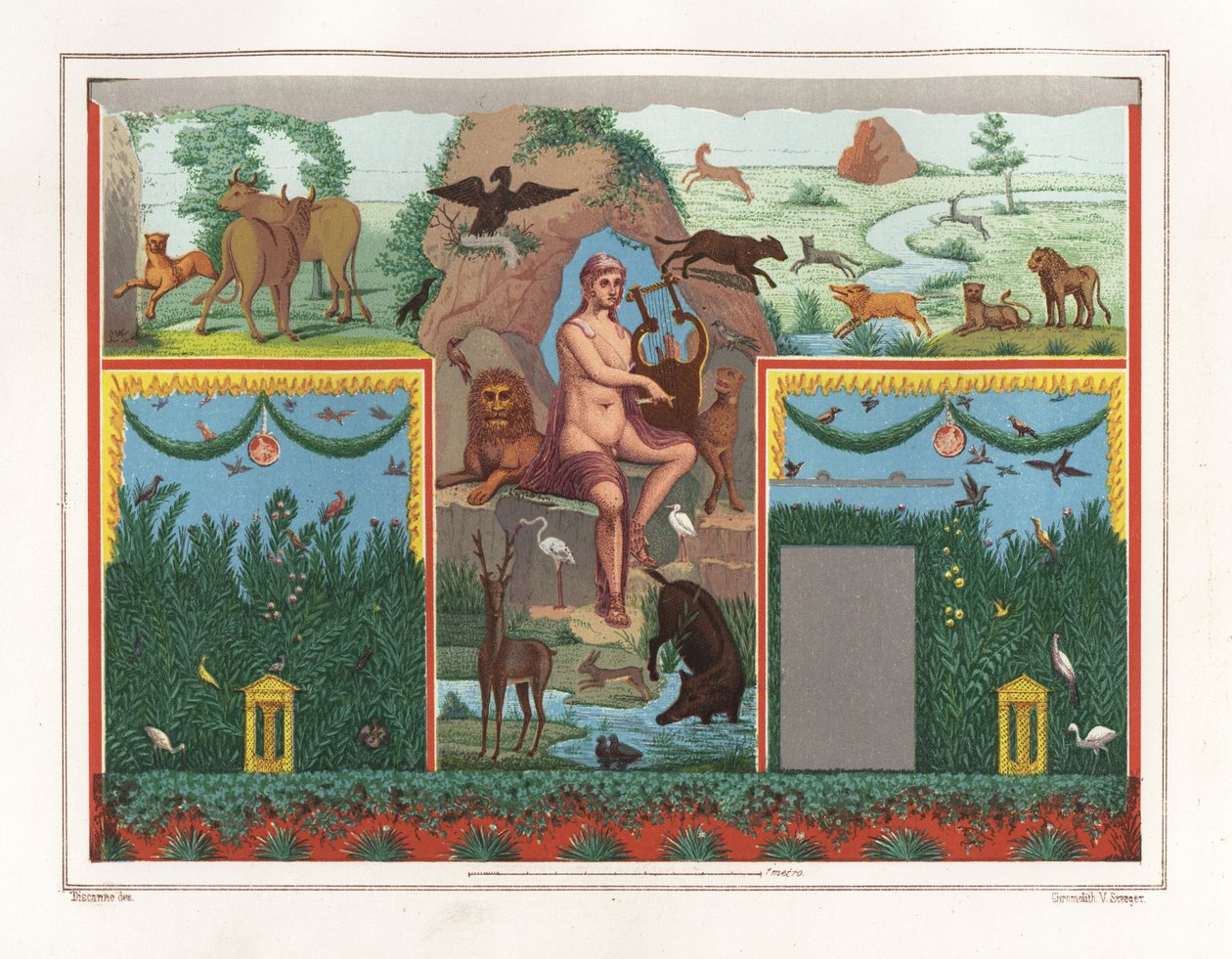 Pittura murale di Orfeo con la lira dal viridarium (giardino) della Casa di Vesonio Primo, un fuller. È circondato da animali tra cui un leone, un puma, un cinghiale, un cervo, un coniglio e un fenicottero blu. Cromolitografia di Victor Steeger dopo un