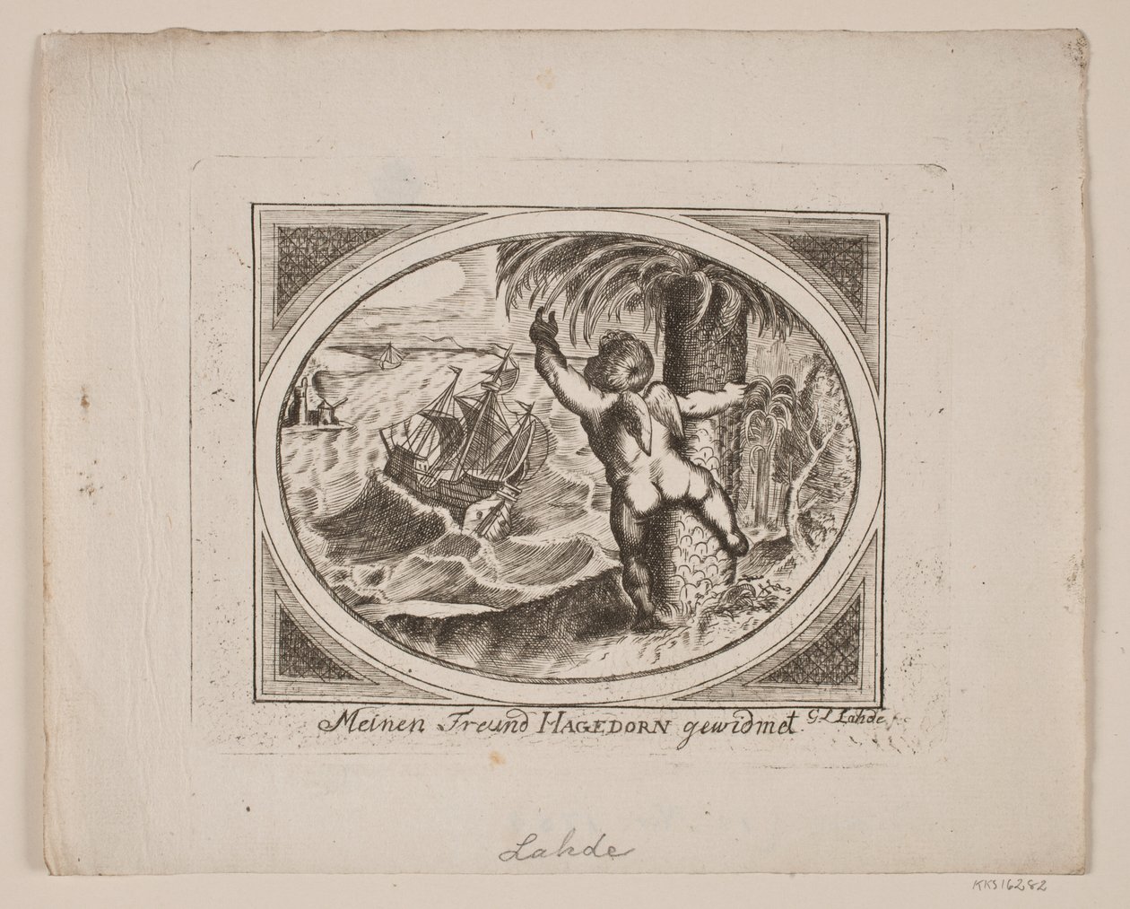Amore presso una palma, indicando oltre un mare agitato da Gerhard Ludvig Lahde