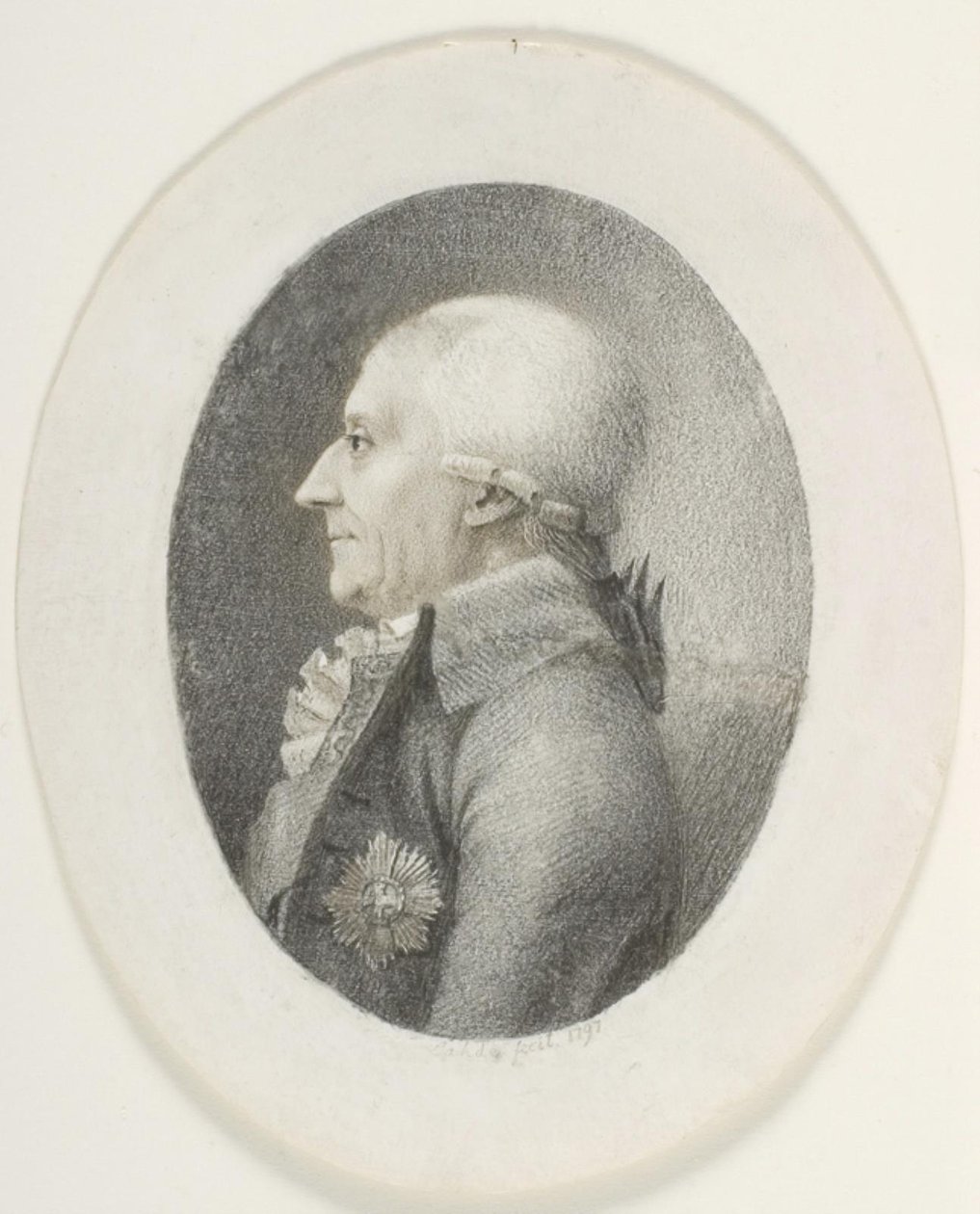 Ritratto di A.P. Bernstorff, conte, primo ministro (1735-1797). Mezzobusto. Profilo a sinistra da Gerhard Ludvig Lahde