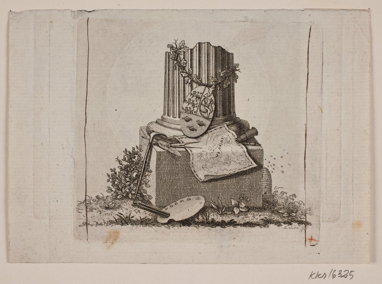 Vignetta con colonna spezzata e le armi dei tre regni nordici da Gerhard Ludvig Lahde