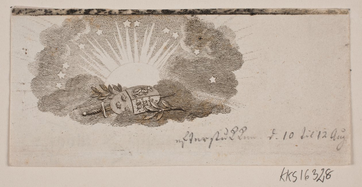Vignetta con le armi dei tre regni nordici tra le nuvole davanti al sole da Gerhard Ludvig Lahde