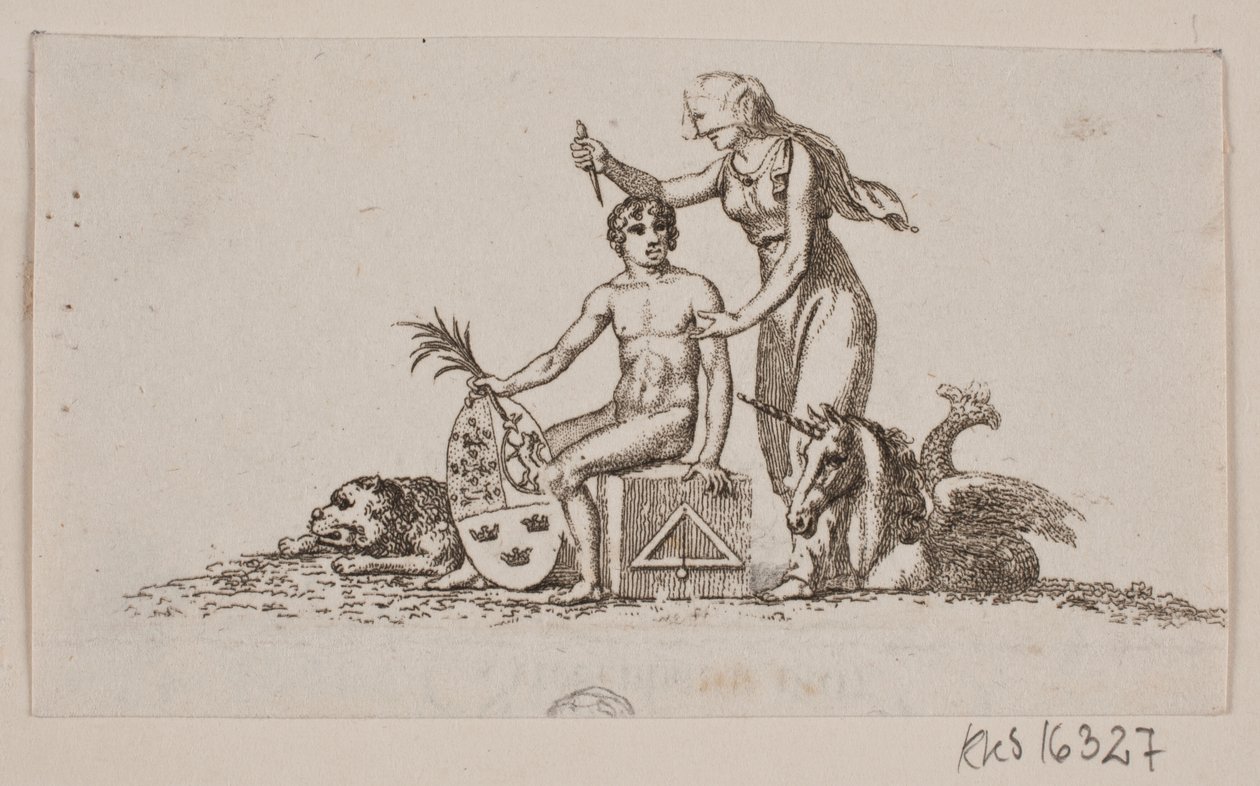 Vignetta con donna, giovane seduto e unicorno da Gerhard Ludvig Lahde