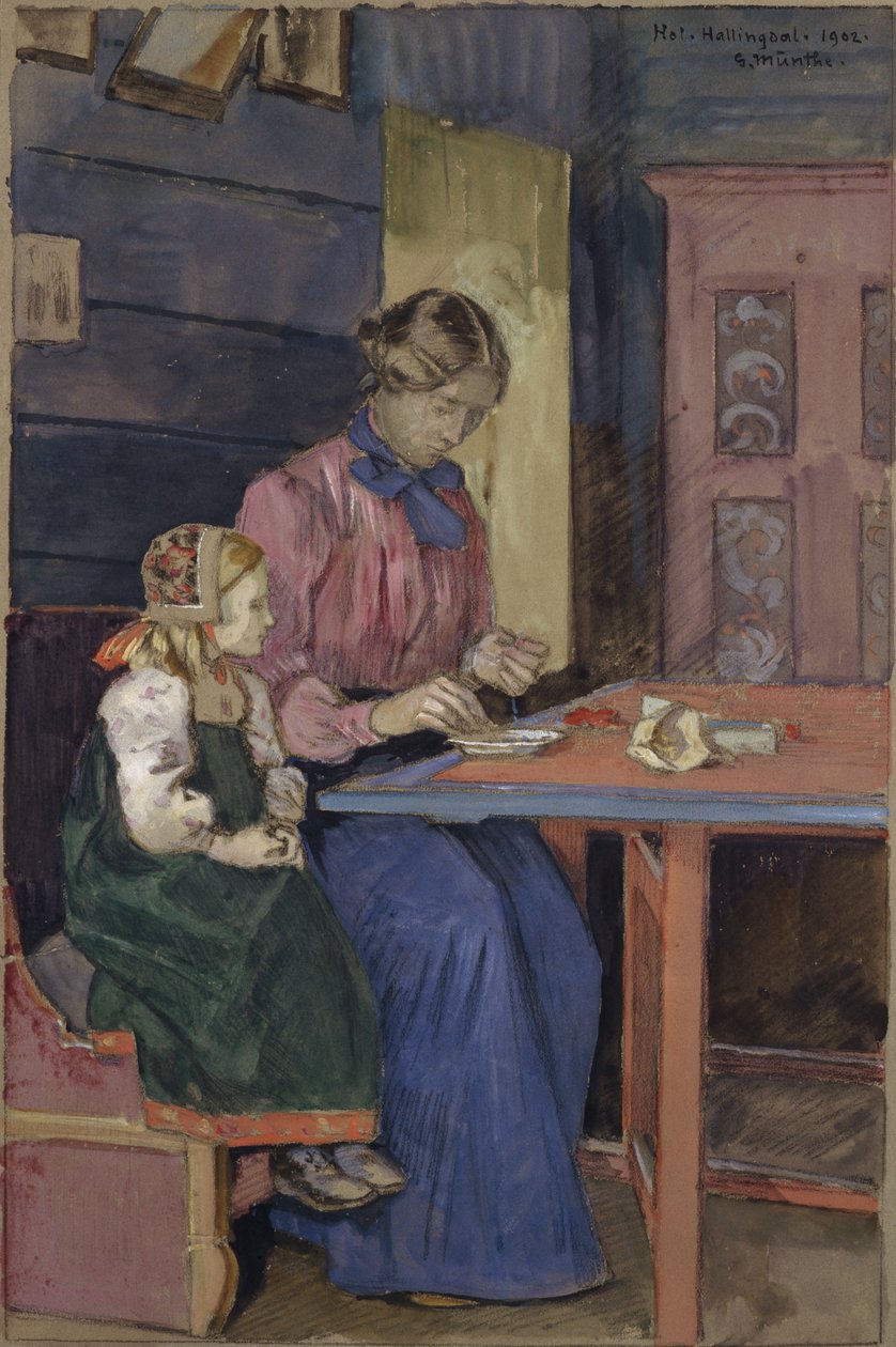Giovane ragazza di Hallingdal che impara a infilare perle da Gerhard Peter Frantz Vilhelm Munthe