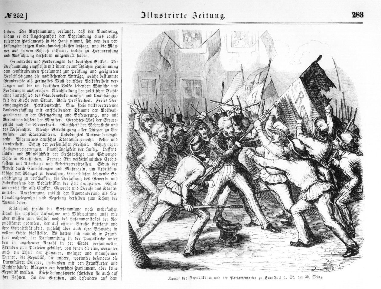 Combattimento tra i repubblicani e i membri del Parlamento a Francoforte sul Meno il 30 marzo 1848, illustrazione da 