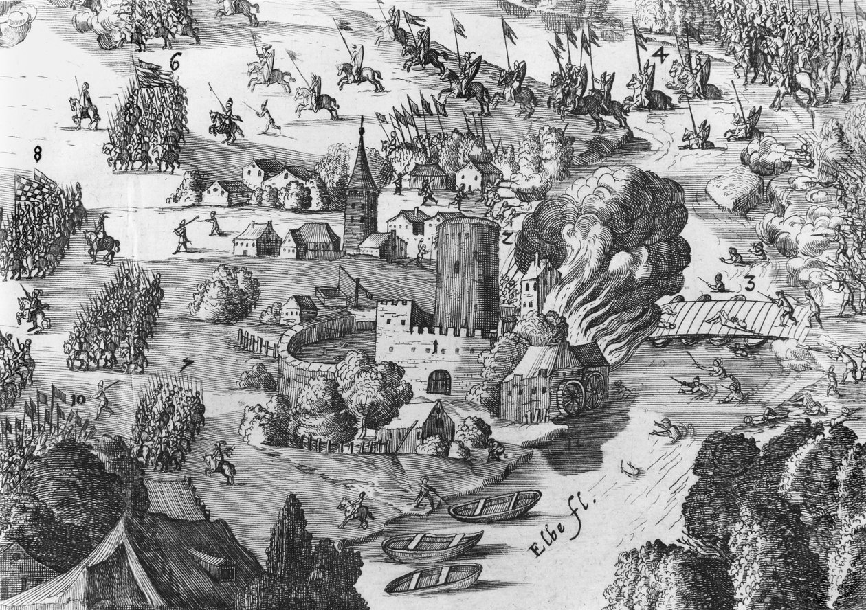 Veduta generale della battaglia di Mühlberg, dettaglio, 24 aprile 1547 da German School