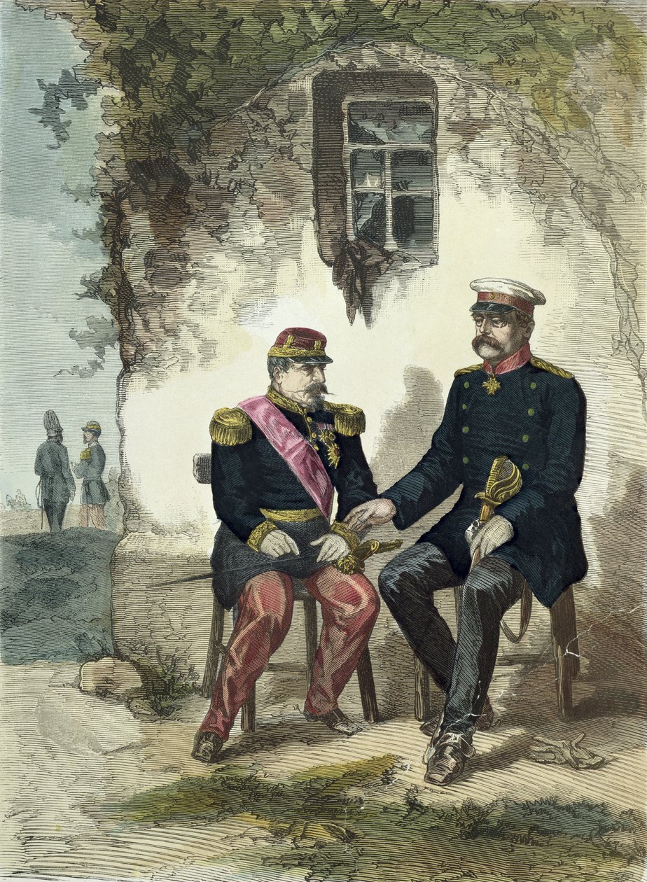 Incontro tra Otto von Bismarck (1815-98) e Napoleone III (1808-73) a Donchery, 2 settembre 1870 da German School