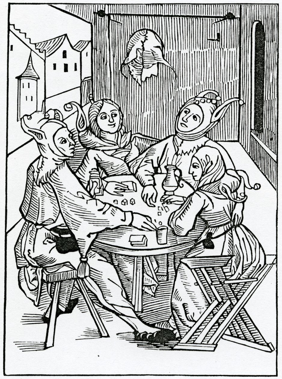 Di giocatori di carte e dadi, illustrazione dalla traduzione inglese di Alexander Barclay di 