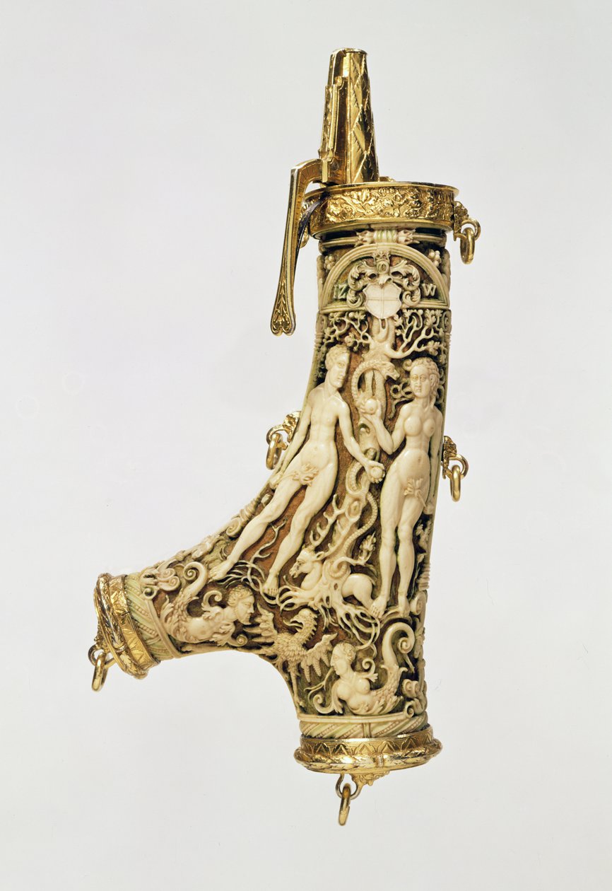 Fiaschetta da polvere (corno di cervo, argento dorato e avorio) da German School